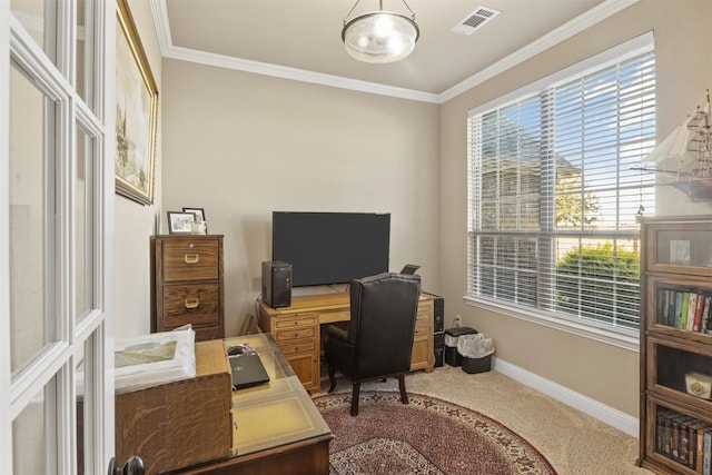 carpeted office space featuring crown molding, visible vents, and baseboards