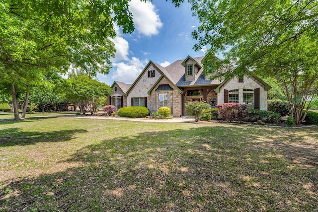 view of front of home with stone siding and a front yard