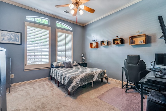 bedroom featuring light carpet, a ceiling fan, visible vents, baseboards, and ornamental molding