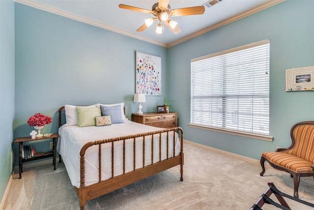 bedroom featuring crown molding, visible vents, a ceiling fan, light carpet, and baseboards