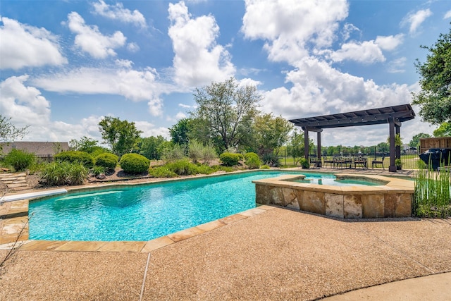 view of pool with a patio, an in ground hot tub, fence, a fenced in pool, and a pergola