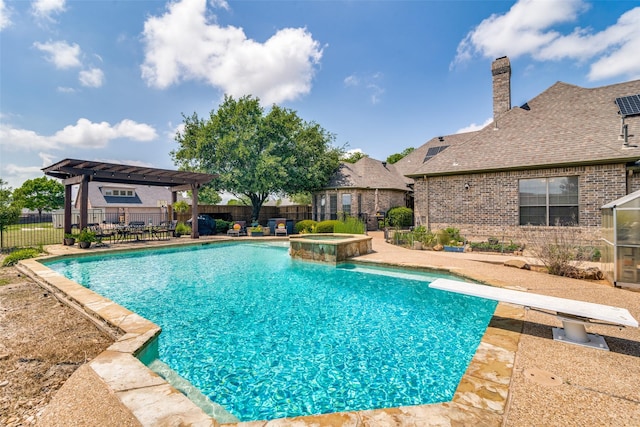 view of swimming pool with a pool with connected hot tub, a fenced backyard, a patio, and a pergola