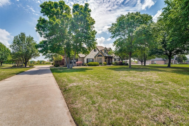 view of front of house featuring stone siding and a front lawn