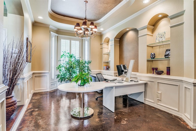 interior space with built in shelves, a tray ceiling, recessed lighting, a decorative wall, and an inviting chandelier