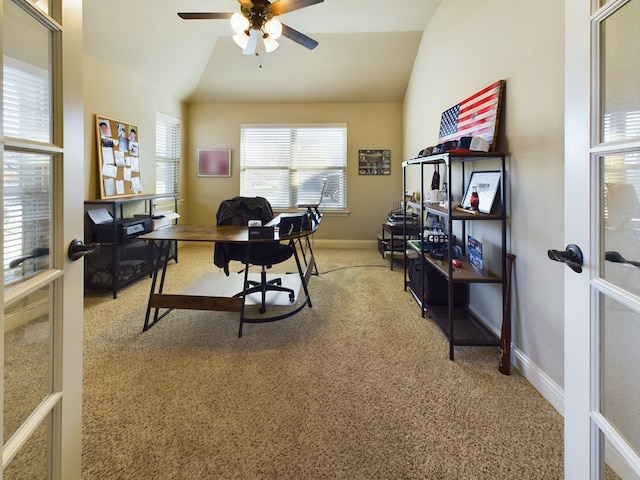 office featuring lofted ceiling, carpet flooring, a ceiling fan, baseboards, and french doors