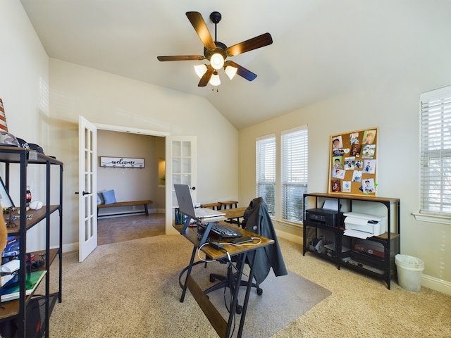 carpeted office featuring french doors, vaulted ceiling, baseboards, and ceiling fan