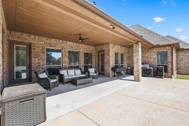 view of patio featuring ceiling fan and an outdoor hangout area