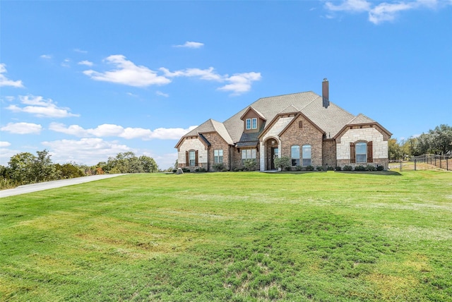 french country home with fence, stone siding, roof with shingles, a chimney, and a front yard