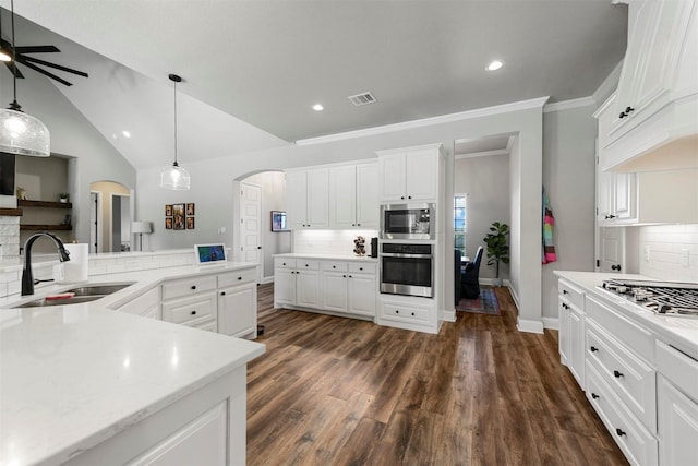 kitchen with arched walkways, a sink, vaulted ceiling, appliances with stainless steel finishes, and dark wood finished floors