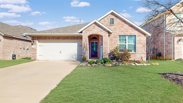 view of front of house with a garage, brick siding, concrete driveway, roof with shingles, and a front yard