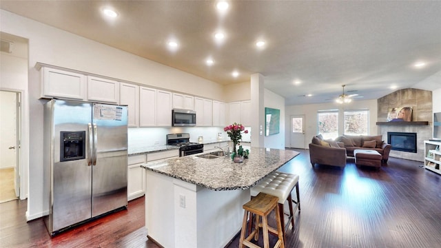 kitchen with a large fireplace, white cabinetry, open floor plan, appliances with stainless steel finishes, and a center island with sink