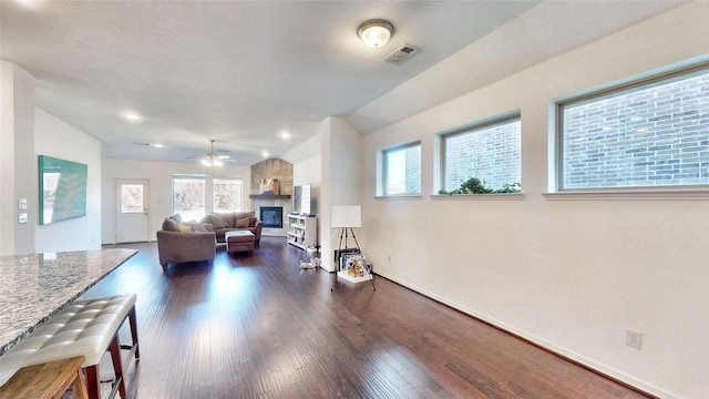 interior space with a large fireplace, baseboards, visible vents, and dark wood finished floors