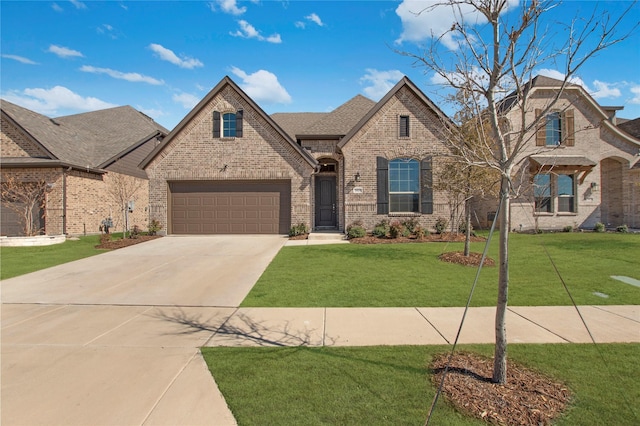 french country style house with a shingled roof, a front yard, concrete driveway, and brick siding