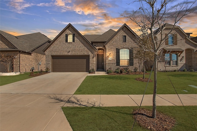 french country inspired facade with driveway, brick siding, a shingled roof, an attached garage, and a front yard