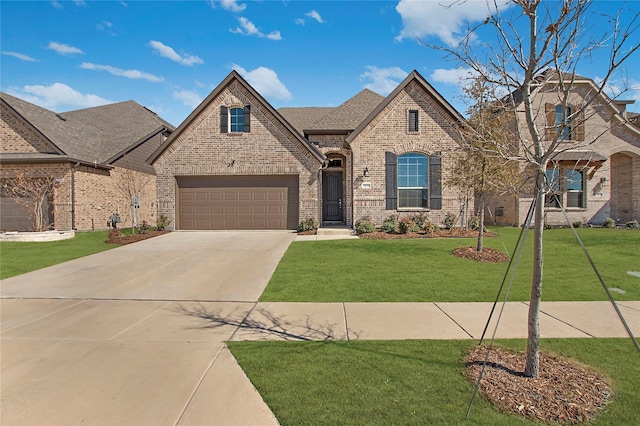 french country style house with driveway, brick siding, a front lawn, and roof with shingles