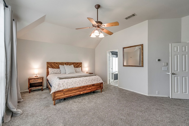 bedroom with lofted ceiling, visible vents, baseboards, a ceiling fan, and carpet