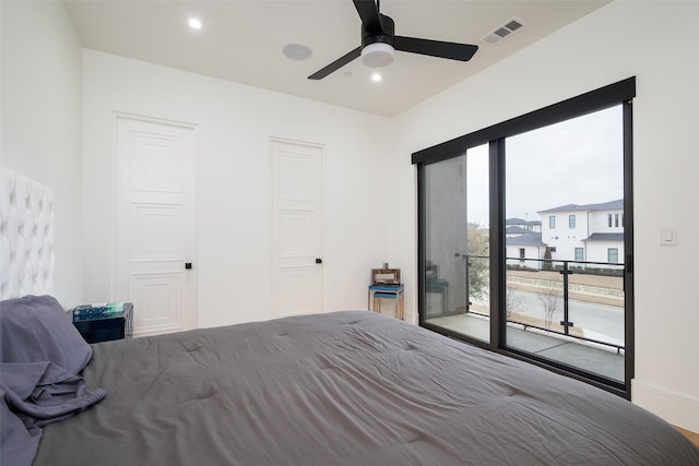 bedroom with access to exterior, ceiling fan, visible vents, and recessed lighting