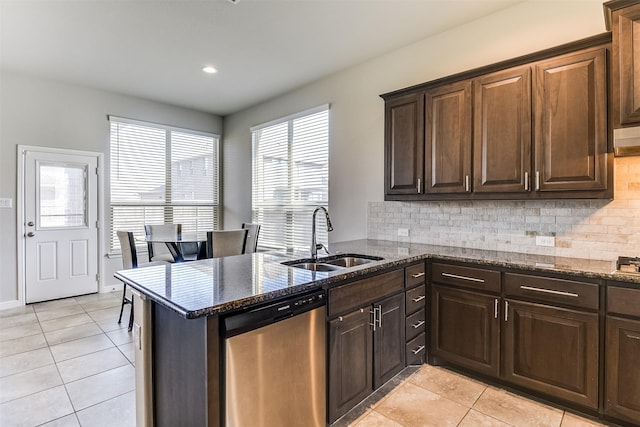 kitchen featuring decorative backsplash, dark stone counters, a peninsula, stainless steel dishwasher, and a sink