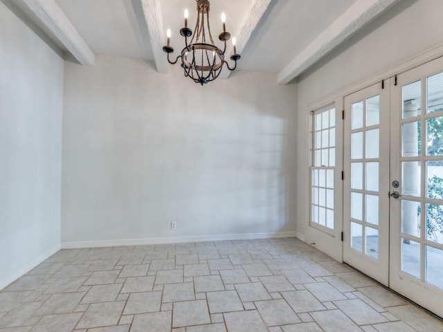 unfurnished dining area featuring a chandelier, french doors, baseboards, and beam ceiling