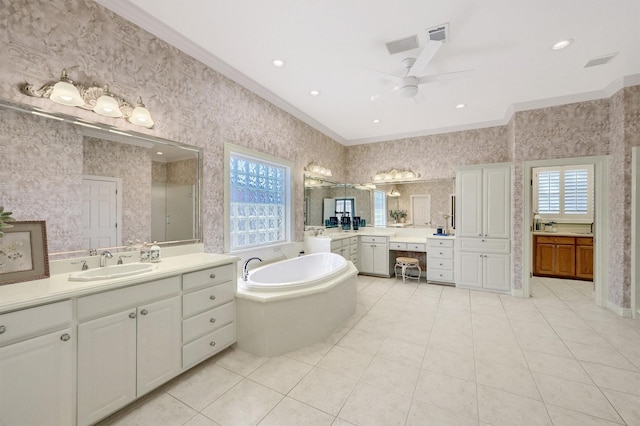 full bath with wallpapered walls, visible vents, a sink, and ornamental molding