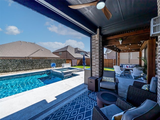 view of pool featuring a patio, ceiling fan, a fenced backyard, a pool with connected hot tub, and outdoor lounge area