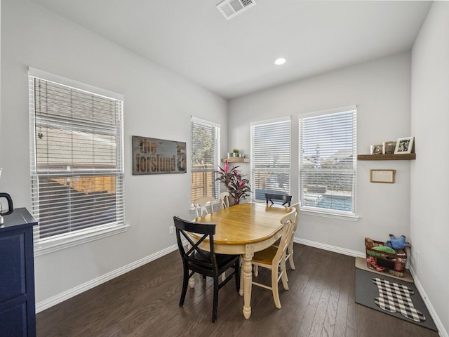 dining space featuring baseboards, visible vents, dark wood-type flooring, and recessed lighting