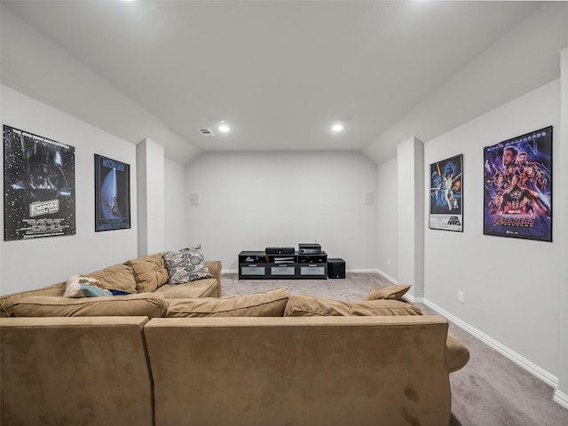 living area featuring lofted ceiling, recessed lighting, visible vents, carpet flooring, and baseboards