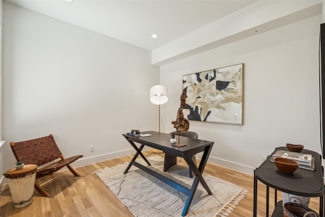 office area featuring light wood-style flooring, baseboards, and recessed lighting