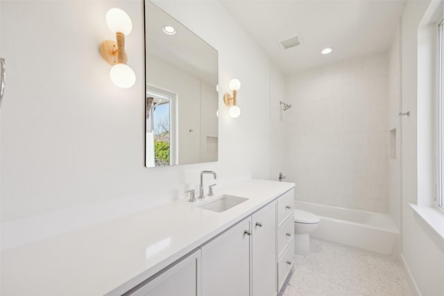 bathroom with visible vents, toilet,  shower combination, vanity, and recessed lighting