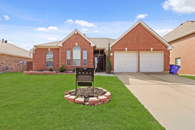 ranch-style house featuring a garage, concrete driveway, brick siding, and a front yard