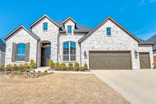 french country style house with a shingled roof, concrete driveway, and brick siding