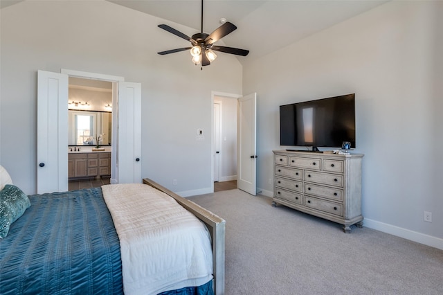 2521 Warwick Dr, Celina, TX 75009 - bedroom with baseboards, high vaulted ceiling, a ceiling fan, ensuite bath, and carpet floors