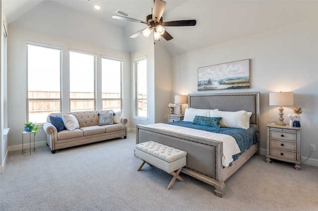 2521 Warwick Dr, Celina, TX 75009 - bedroom with carpet, lofted ceiling, visible vents, baseboards, and ceiling fan