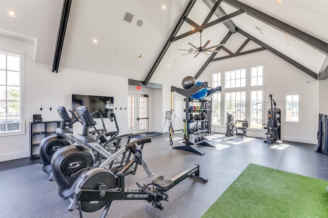 2521 Warwick Dr, Celina, TX 75009 - exercise room with high vaulted ceiling, french doors, baseboards, visible vents, and recessed lighting