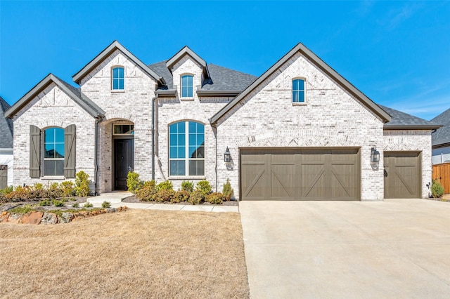 2521 Warwick Dr, Celina, TX 75009 - french country home featuring an attached garage, brick siding, and driveway