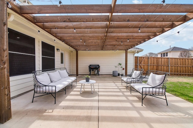 view of patio featuring an outdoor hangout area, grilling area, fence, and a pergola