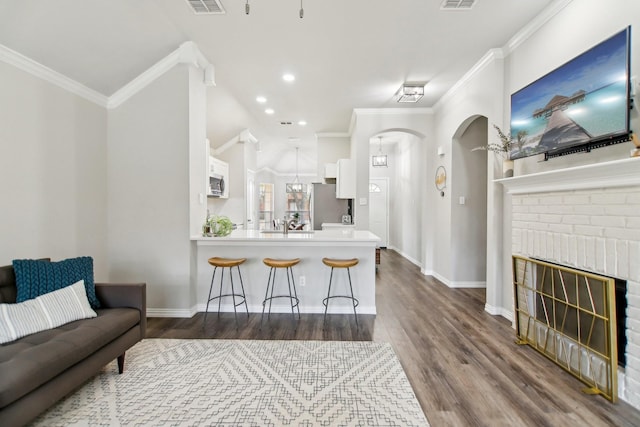 living room featuring dark wood finished floors and crown molding