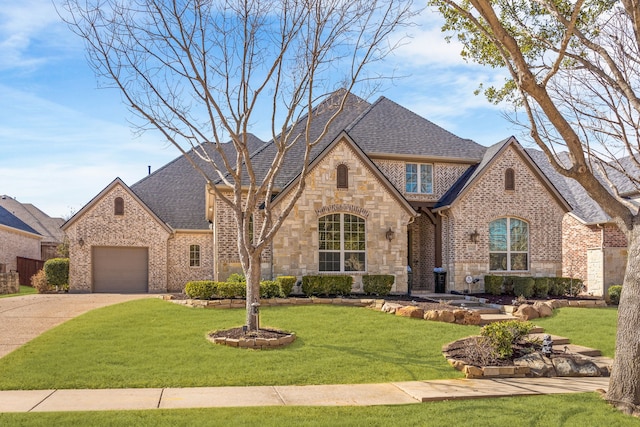 french country style house with a front yard, brick siding, and driveway