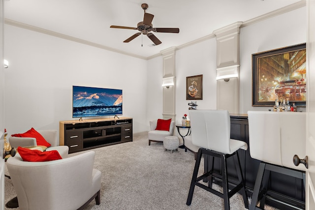 living room with ceiling fan, crown molding, and carpet flooring