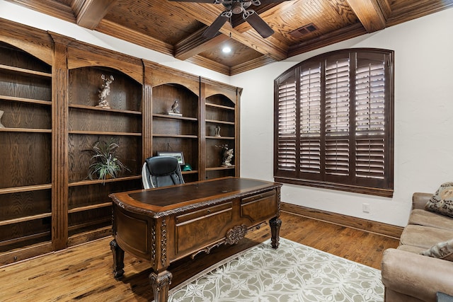 office featuring wooden ceiling, baseboards, coffered ceiling, and wood finished floors