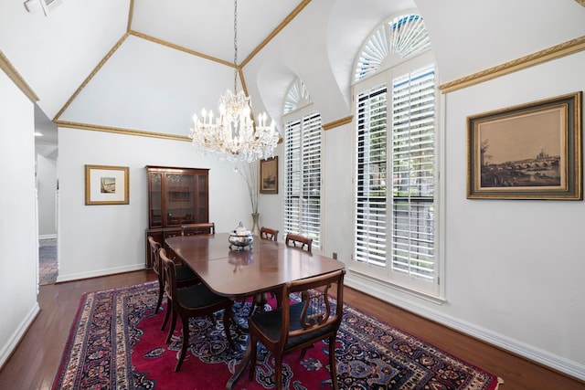 dining area with baseboards, a chandelier, dark wood-type flooring, and a wealth of natural light