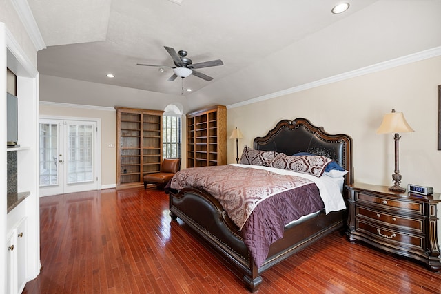 bedroom with recessed lighting, dark wood-style flooring, crown molding, and french doors