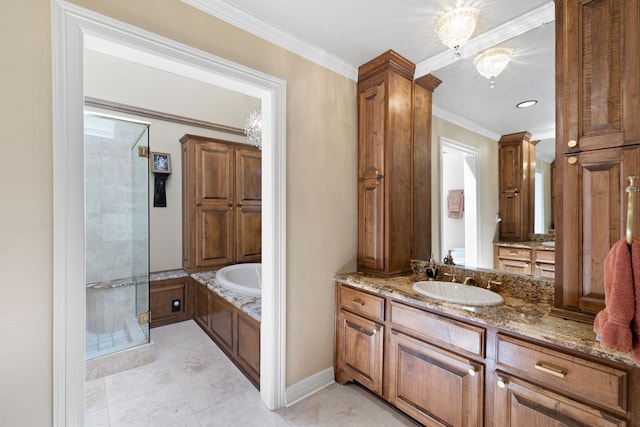 full bathroom featuring tile patterned flooring, vanity, ornamental molding, a bath, and a stall shower