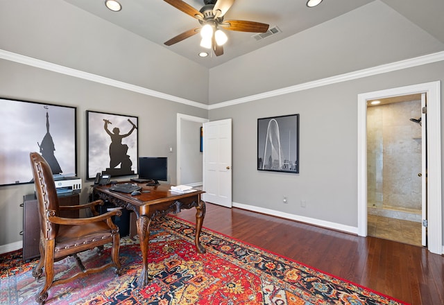 office space featuring dark wood-style floors, baseboards, and visible vents