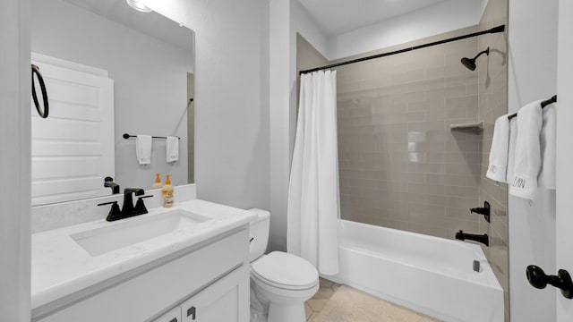 full bath with toilet, shower / bathtub combination with curtain, and vanity