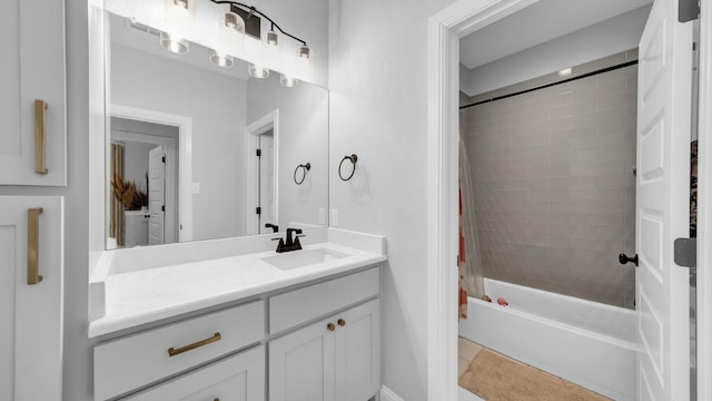 bathroom with vanity and shower / bath combo with shower curtain