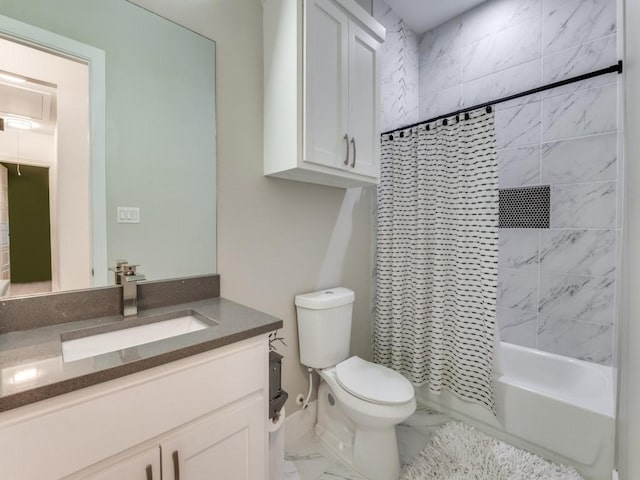 full bathroom featuring baseboards, toilet, marble finish floor, shower / bath combination with curtain, and vanity