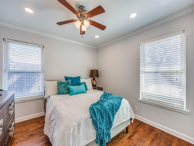 bedroom with crown molding, dark wood-type flooring, recessed lighting, and baseboards