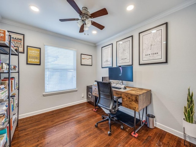 office with baseboards, dark wood finished floors, and crown molding