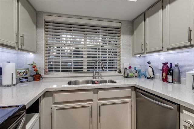 kitchen featuring a sink, decorative backsplash, dishwasher, and gray cabinetry